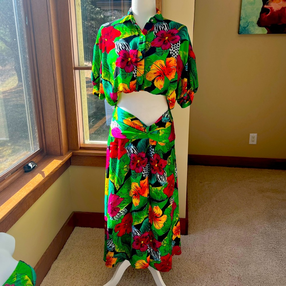 Vintage Gottex 3 Piece Hawaiian 🌺 Hibiscus Floral Tie Crop Top Skirt & Swimsuit